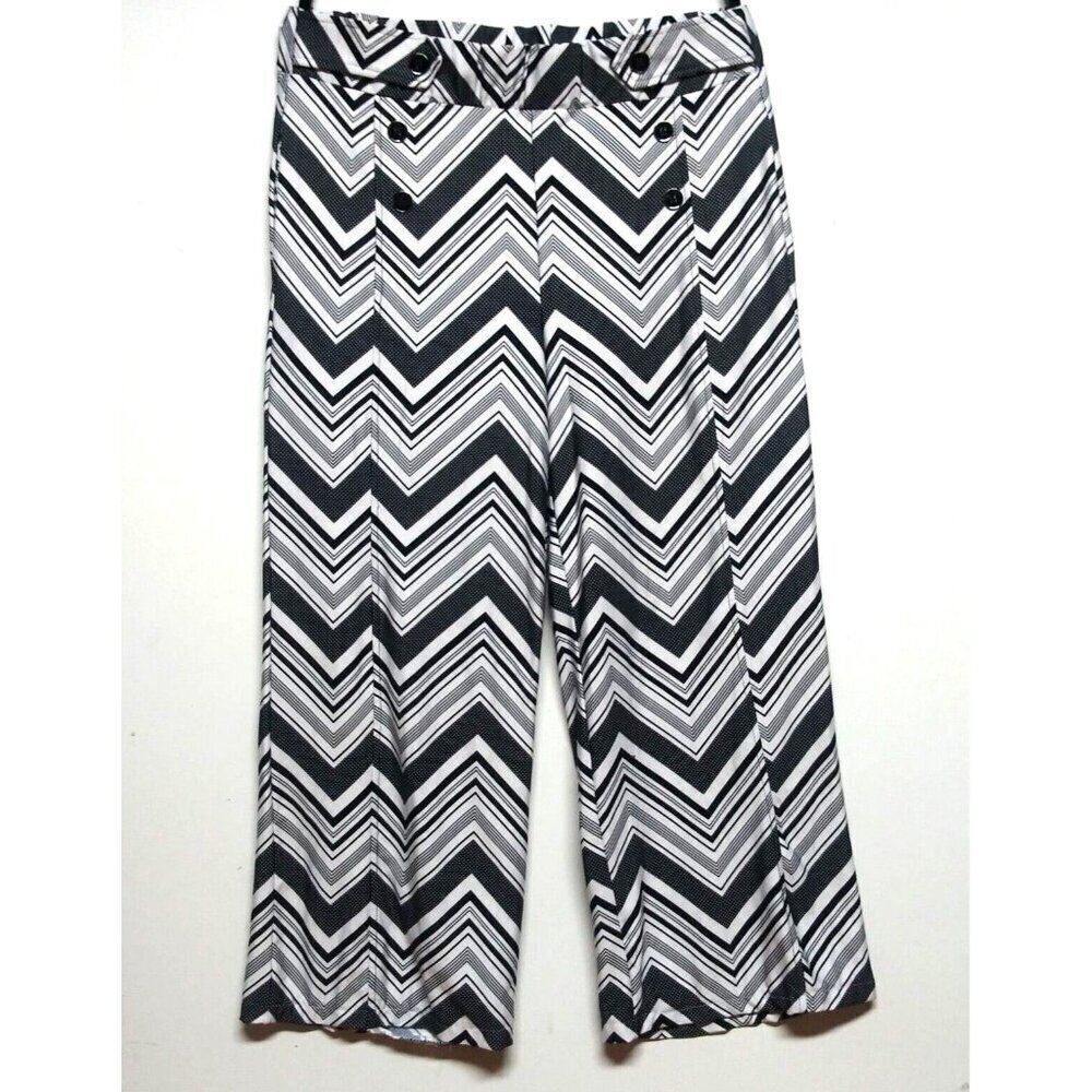 Robert Louis Pants Wide-Leg Stretch Palazzo ankle L Black White Chevron CULOTTE